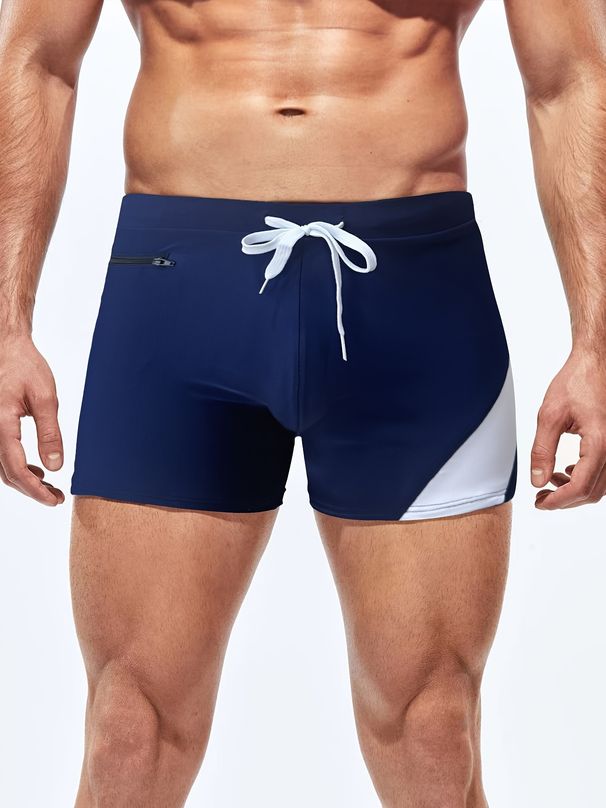 Calção de banho masculino de secagem rápida com zíper e cordão - cor sólida e ajuste slim para praia e piscina (antiderrapante e ajuste seguro)_voghion.com