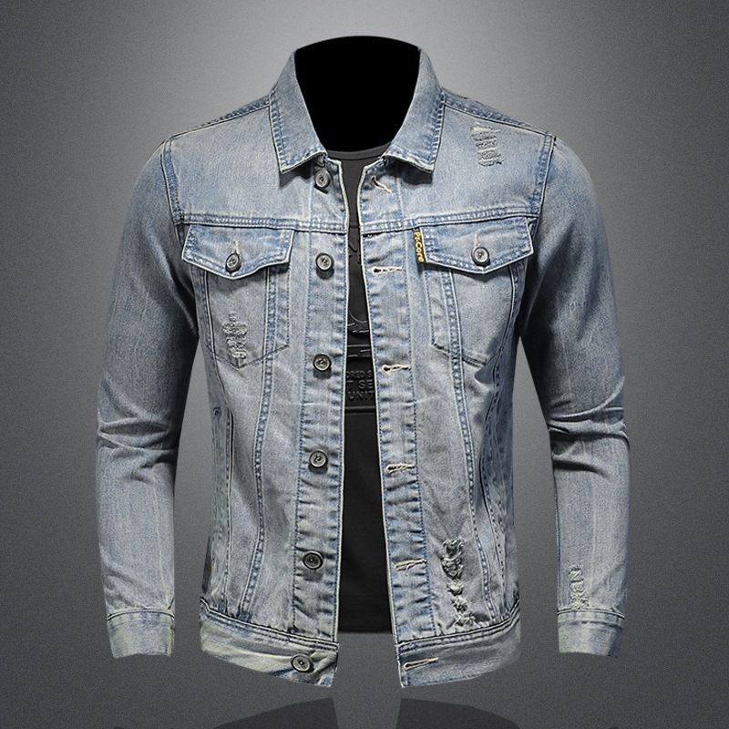 Abbigliamento da uomo Giacca di jeans semplice casual alla moda in denim strappato azzurro_voghion.com