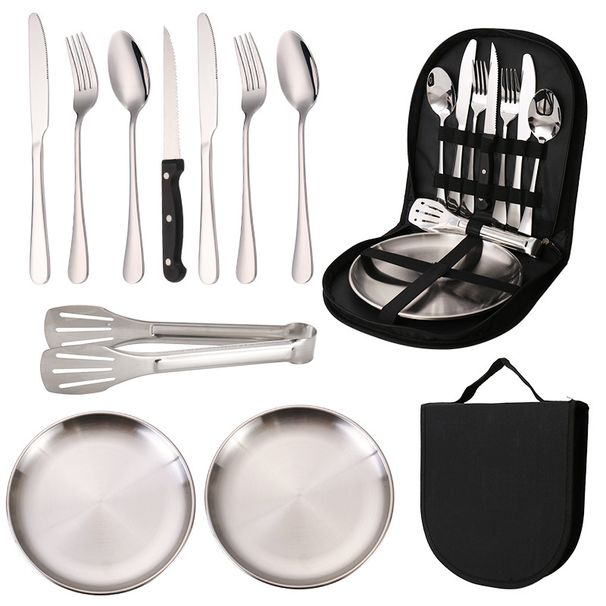 Outdoor Edelstahl Besteck Set Tragbare Reise Camping High-end BBQ Platte Lebensmittel Zange Messer Gabel Löffel_voghion.com
