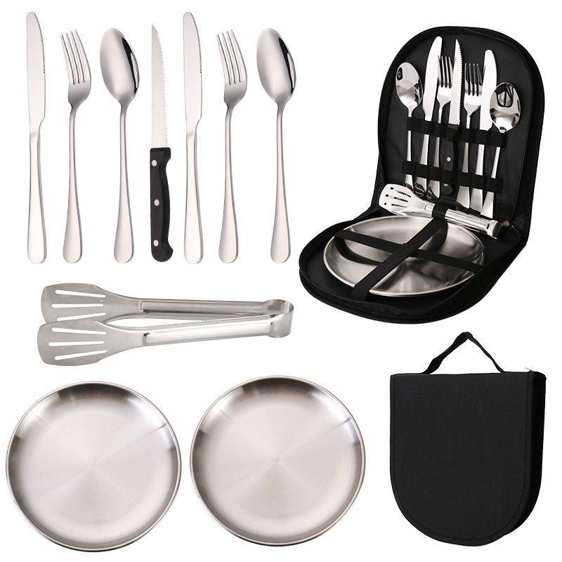 Outdoor Stainless Steel Cutlery Set Portable Travel Camping High-end BBQ Plate Food Tongs Knife Fork Spoon_voghion.com