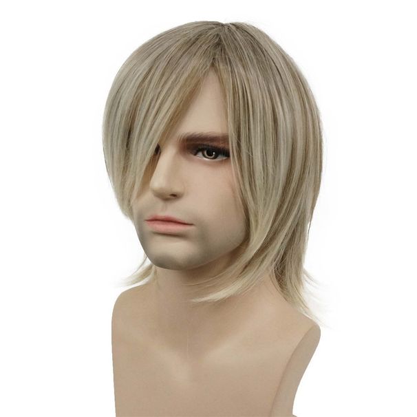 Synthetic Clip-in New Men's Wig Men's Golden Side Parted Medium Length Wig Temperament Wig_voghion.com
