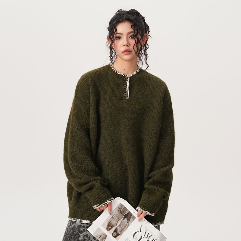 Maglione pullover ampio da donna e da uomo in maglia con collo Henley, modello Niche Design di BWKA, per coppie, autunno e inverno_voghion.com