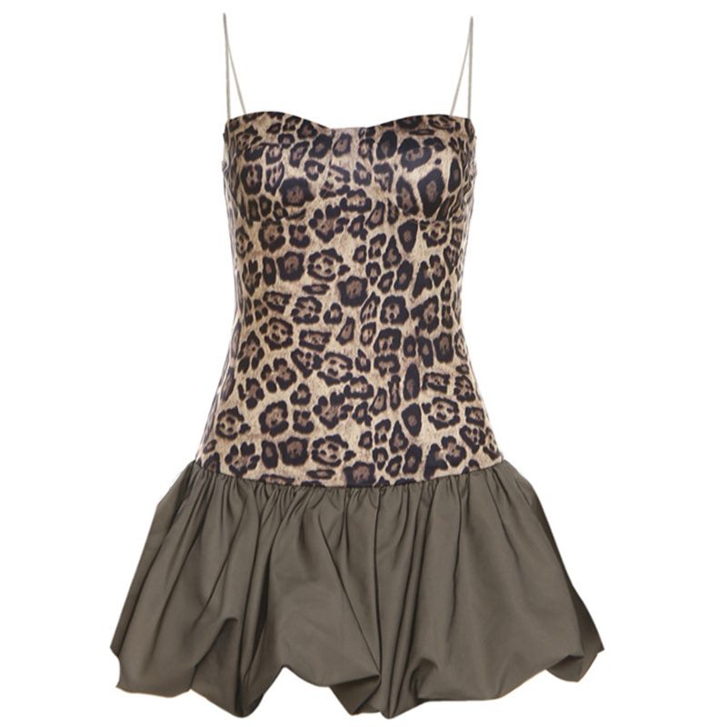 2025 New American Style Spicy Girl Leopard Print Patchwork Strap für Frauen Slim Fit Hohe Taille Puff Short Dress_voghion.com