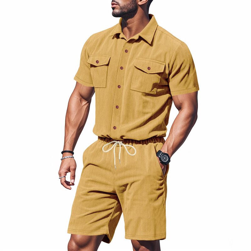 Herrenanzug, lässig, locker, schweres Cord-Arbeitshemd, kurzärmelig, Shorts_voghion.com