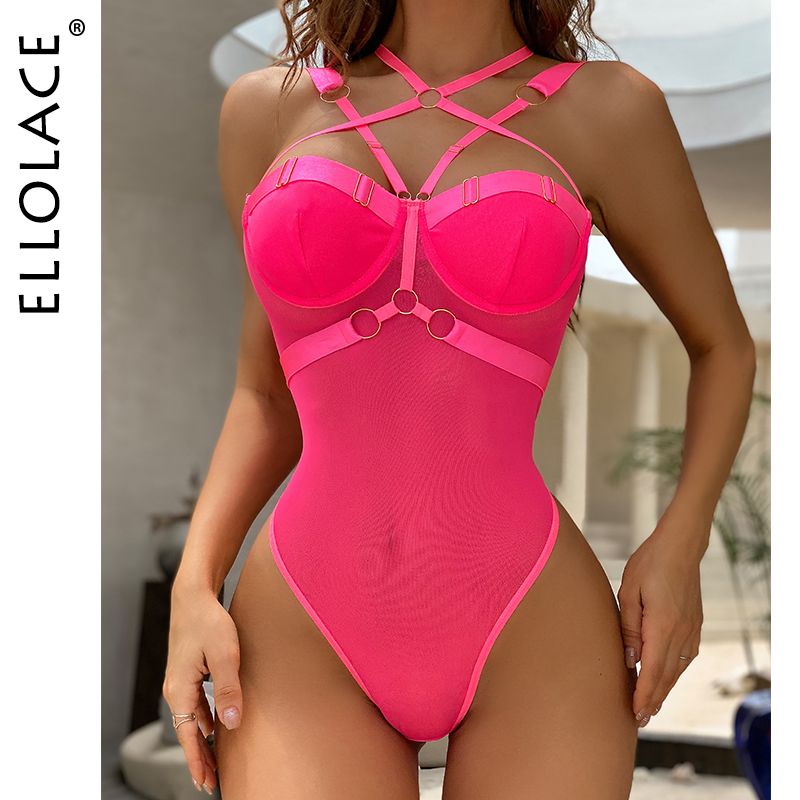 Ellolace şehvetli iç çamaşırı Bodysuit Halter Fiess egzotik kostümleri dantel Backless erotik tayt seksi Thongs vücut_voghion.com