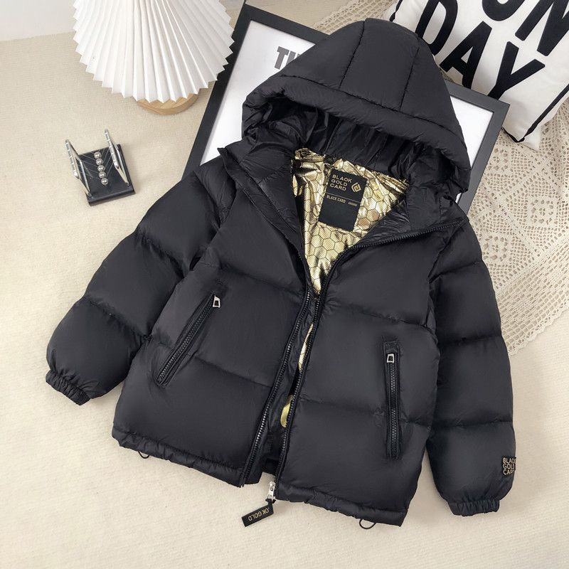 Teenage and guys 2024 Winter New Children's Down Jacket Medium and Large Children's White Duck Down Korean Thickened Black and Gold Puffer Jacket Top_voghion.com