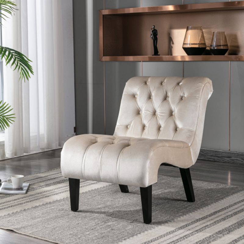 Acento moderno de terciopelo sin brazos Wohnzimmer Stuhl / Freizeit Stuhl, Gepolstert Stoff Knopf Bequemen Stuhl Mit Holzbeinen Für Schlafzimmer, Wohnzimmer, Büro (Beige)_voghion.com