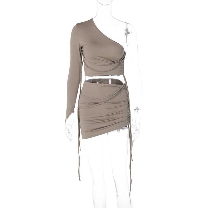 Damen-Set mit One-Shoulder-Crop-Top, schmaler Passform und seitlichem Kordelzugrock_voghion.com
