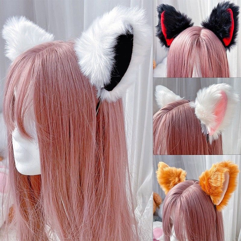 Black and white anime plush girl fox headband cat ears maid student accessory hair clip_voghion.com