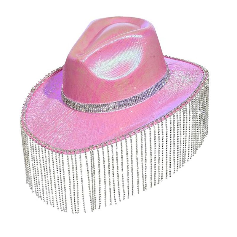Glamorous Pink & White Rhinestone Fringe Cowboy Hat – Stylish Western Fashion Accessory With 12CM Tassels, Breathable & Sun-Shielding Design For Women_voghion.com