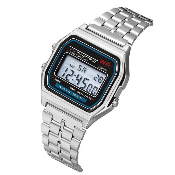 Orologio digitale a LED WR F91W - Orologio sportivo multifunzione con cinturino in acciaio resistente all'acqua (stile Harajuku A159 con sveglia e cronometro)_voghion.com