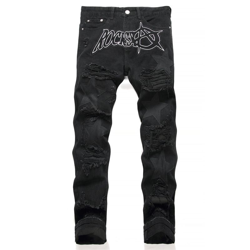 Funny Jeans With Ripped Patches, Black Flowing Whiskers, Elastic Slim Fit, Small Leg Pants, Personalized Men's Pants_voghion.com