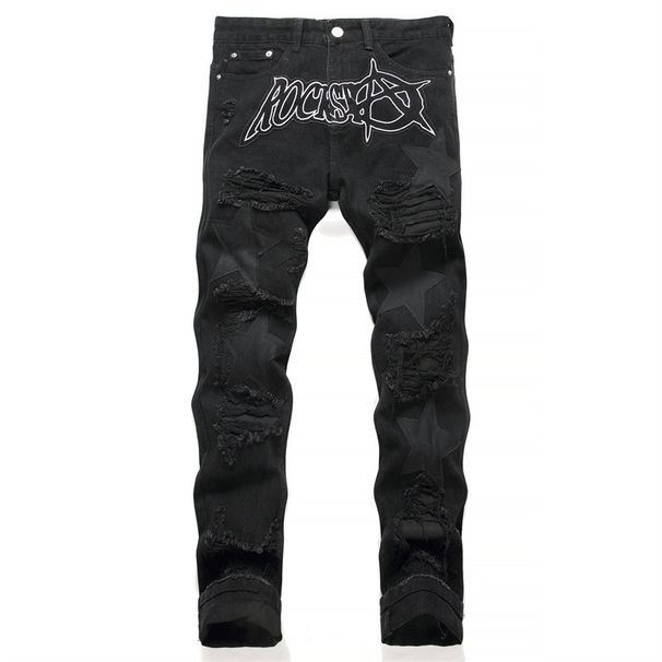 Funny Jeans With Ripped Patches, Black Flowing Whiskers, Elastic Slim Fit, Small Leg Pants, Personalized Men's Pants_voghion.com