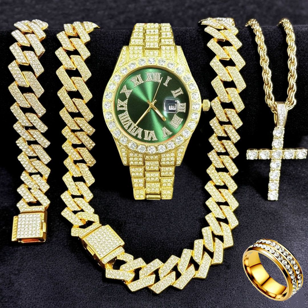 FENSIR Orologio al quarzo con diamanti e set di gioielli con catena a maglie cubane e ciondolo a croce - Accessori moda da 5 pezzi per uomo e donna_voghion.com