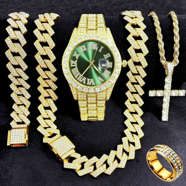 FENSIR Orologio al quarzo con diamanti e set di gioielli con catena a maglie cubane e ciondolo a croce - Accessori moda da 5 pezzi per uomo e donna_voghion.com