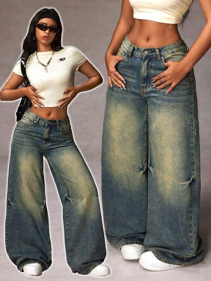 Vintage High Waist Wide Leg Jeans For Women - Retro Loose Fit Denim Pants With Washed Effect, Olive Green Straight Leg Trousers_voghion.com