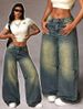 Vintage High Waist Wide Leg Jeans For Women - Retro Loose Fit Denim Pants With Washed Effect, Olive Green Straight Leg Trousers_voghion.com