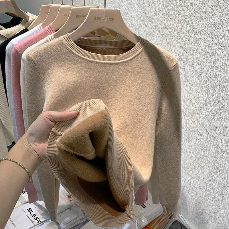 Women's Fleece-Lined Knit Sweater Winter Warm Thickened Turtleneck Pullover Casual Solid Color Top_voghion.com