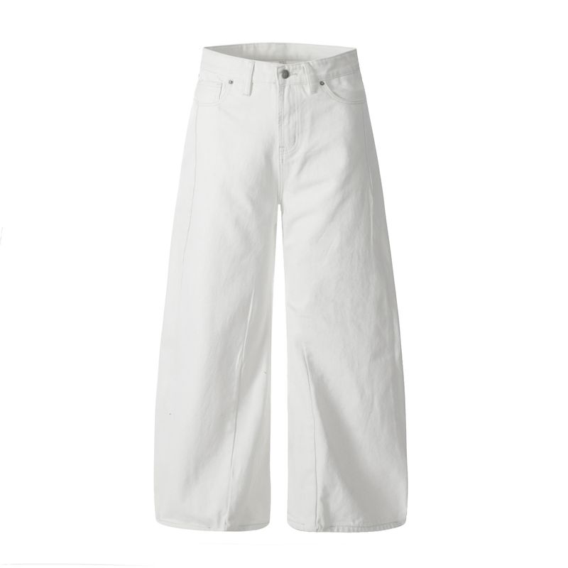 Jeans a scimitarra bianchi con cuciture di alta qualità, design plissettato, da uomo e da donna, pantaloni larghi e versatili_voghion.com