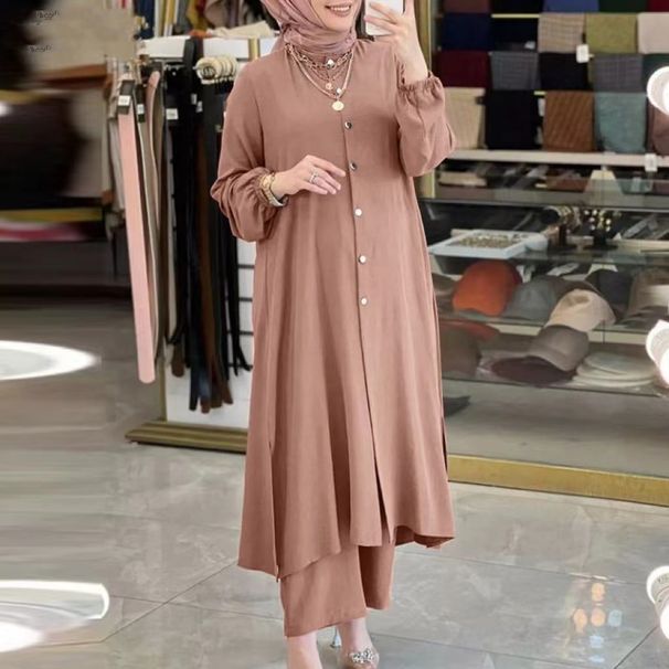 Women's Clothing comfortable solid color split mushroom buckle elastic sleeve Muslim women's suit in stock_voghion.com