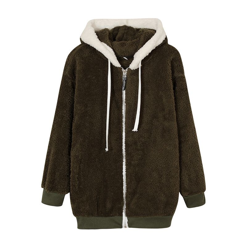 Damenbekleidung neue Herbst- und Winterjacke mit lockerem Plüschreißverschluss und Kapuze_voghion.com