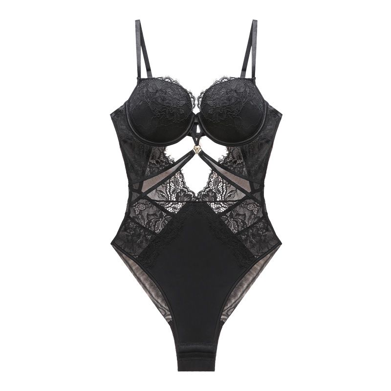 Sexy lace one-piece jumpsuit underwear gathers the pair of breasts to adjust the anti-sagging bra set perspective female_voghion.com