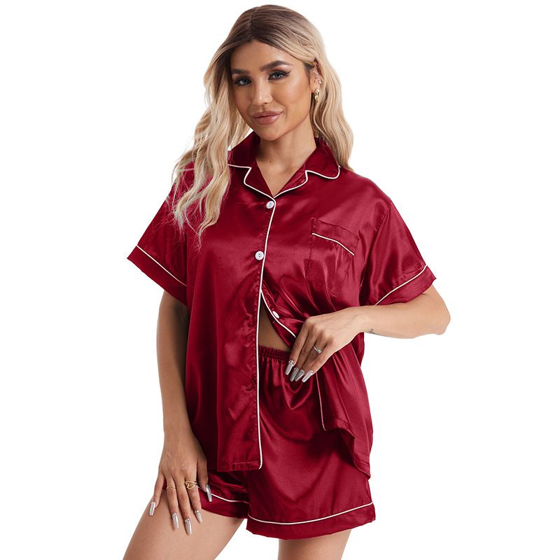 Women's Sleepwears 2 Piece Satin Lapel Short Sleeved Shirt Shorts Pajamas Ladies Suit Casual Loose Home Clothes_voghion.com