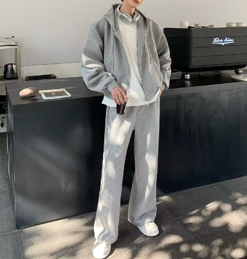 Men's Clothing Cotton 450g Velvet Machete White Gray Micro Flared Sweatpants Men's Vibe Casual Pants Elastic Waist Trendy Brand Micro Flared Pants_voghion.com