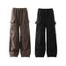 Corduroy Cargo Pants With Fleece Lining – High Waist, 65% Polyester, Drawstring Closure, Black/Khaki, S-XXL (Unisex Winter)_voghion.com