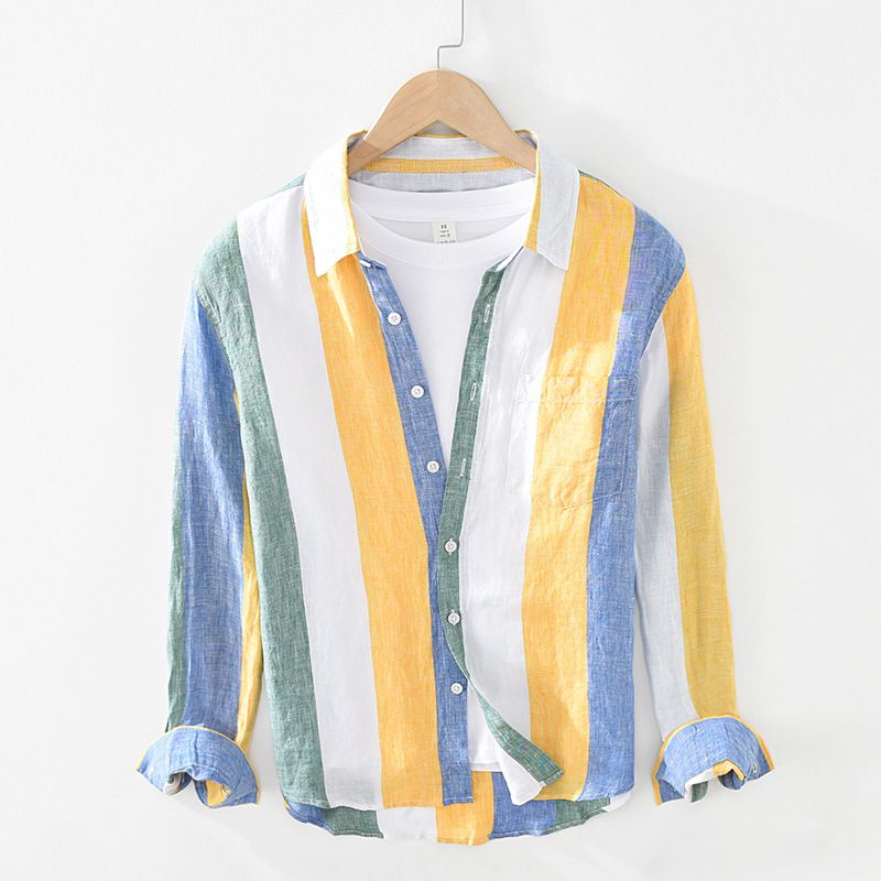Camicia a maniche lunghe in lino tinto in filo da uomo del 1931 Camicia a collo quadrato a righe larghe e letterarie per giovani Capelli in un unico pezzo_voghion.com