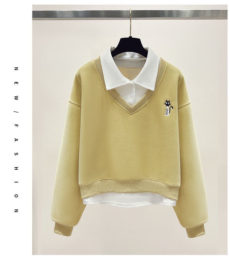 College Style Fake Two-Piece Outfit – Loose Top & Retro Jeans Set, Elastic Waist & Drawstring Comfort_voghion.com