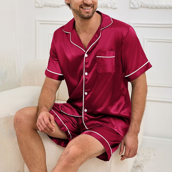 Herren Satin Pyjama Set Nachtwäsche für Herren Sommer Kurzarm Button-Down Hemd & Shorts Pyjama 2-teilig Home Kleidung Kurzer Anzug_voghion.com