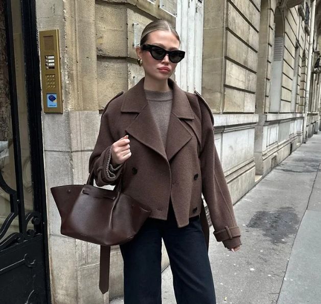 ​Eleganter zweireihiger Tweedmantel für Damen – Lockere Passform, Revers, vielseitige Freizeit- und Bürokleidung (S/M/L, Braun/Schwarz)​_voghion.com