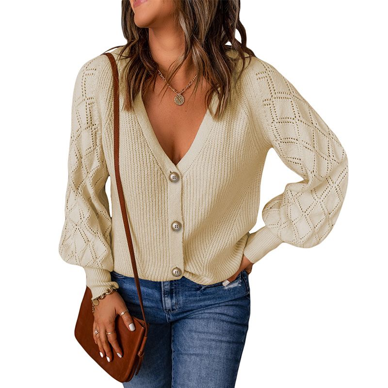 Shi Ying couleur unie diamant Plaid bulle manches tricoté chemise manteau femmes automne nouveau lâche simple boutonnage Cardigan_voghion.com