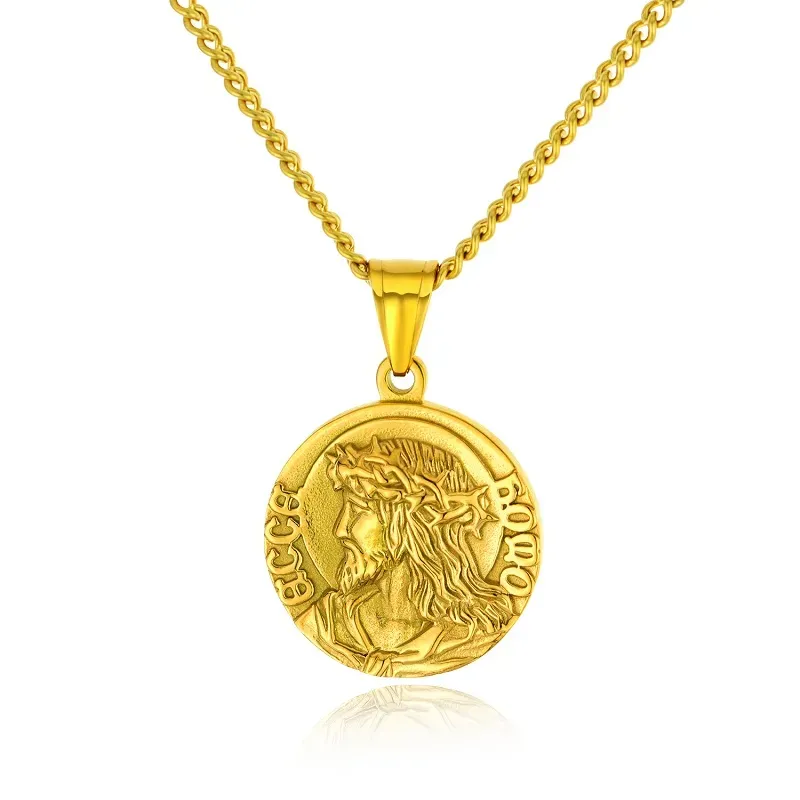Collier pendentif motif Jésus gravé en acier inoxydable 316 pour homme et femme, bijoux religieux_voghion.com