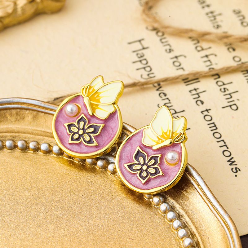 Orecchini a forma di farfalla di perle con pittura a olio di alta qualità, fiore cinese, luce di lusso, orecchini in argento con ago, semplici da donna_voghion.com