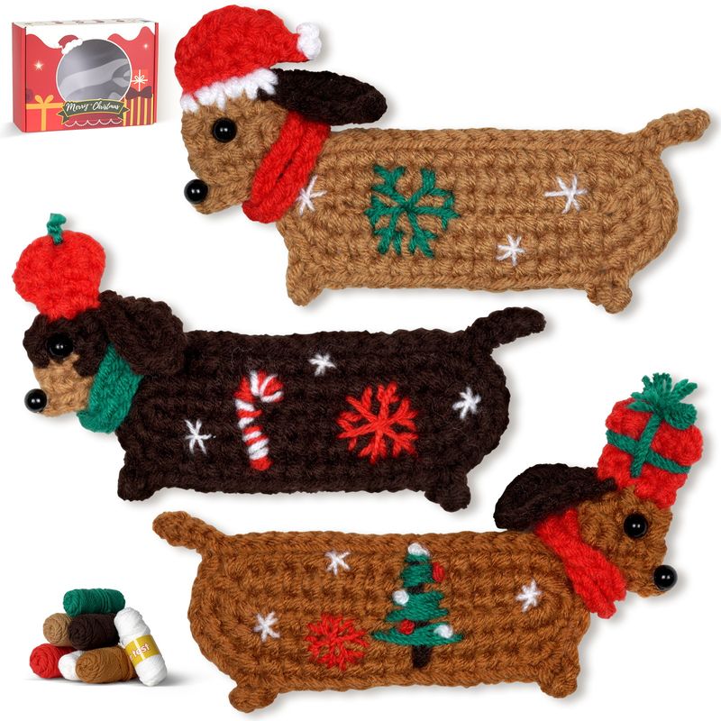 Unissex novo kit de crochê material pacote boneca natal salsicha cachorro grampo de cabelo feito à mão diy tecelagem natal_voghion.com