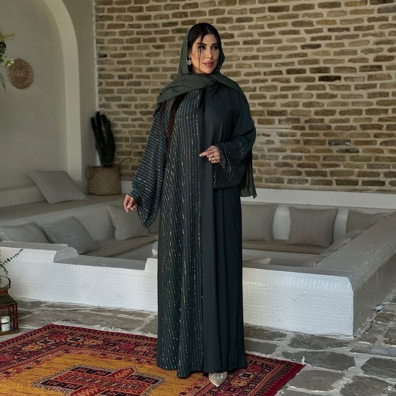 ​Elegant Embellished Abaya Dress – Modest Long Sleeve Open Front Kaftan With Crystal Iron-On Details (Dark Green) – S-XXL For Women​_voghion.com