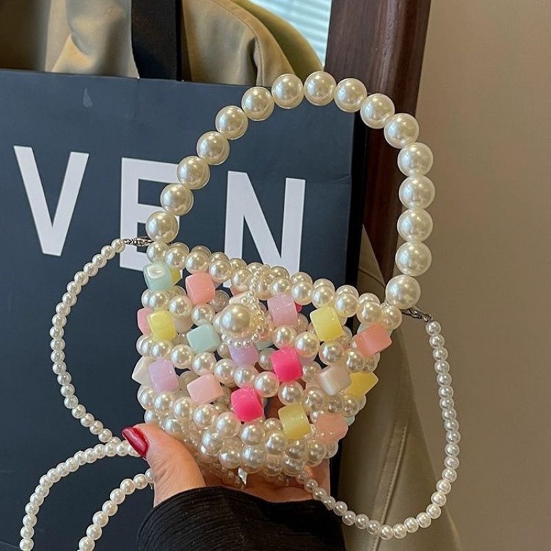 Borsa a tracolla per bambine di alta qualità e alla moda, mini borsa estiva con perle colorate, elegante e di alta qualità, in tessuto intrecciato._voghion.com