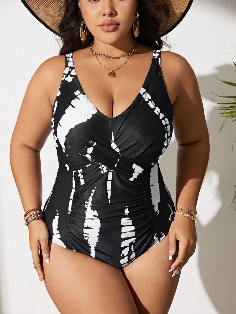 Großer einteiliger, bedruckter, rückenfreier, plissierter Damen-Bikini mit Hosenträgern und sexy Mode für Frauen_voghion.com