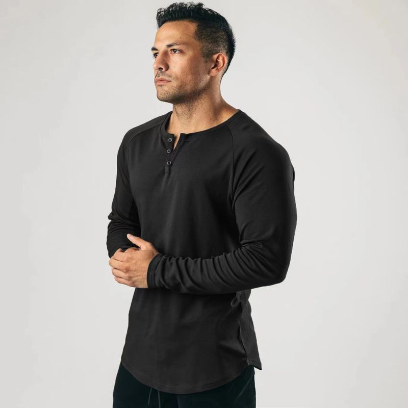 American Retro Heavy Weight Henley Long Sleeves T-Shirt Pure Color Sports Fiess Bottoming Shirt Men Cotton Stretch Thin_voghion.com