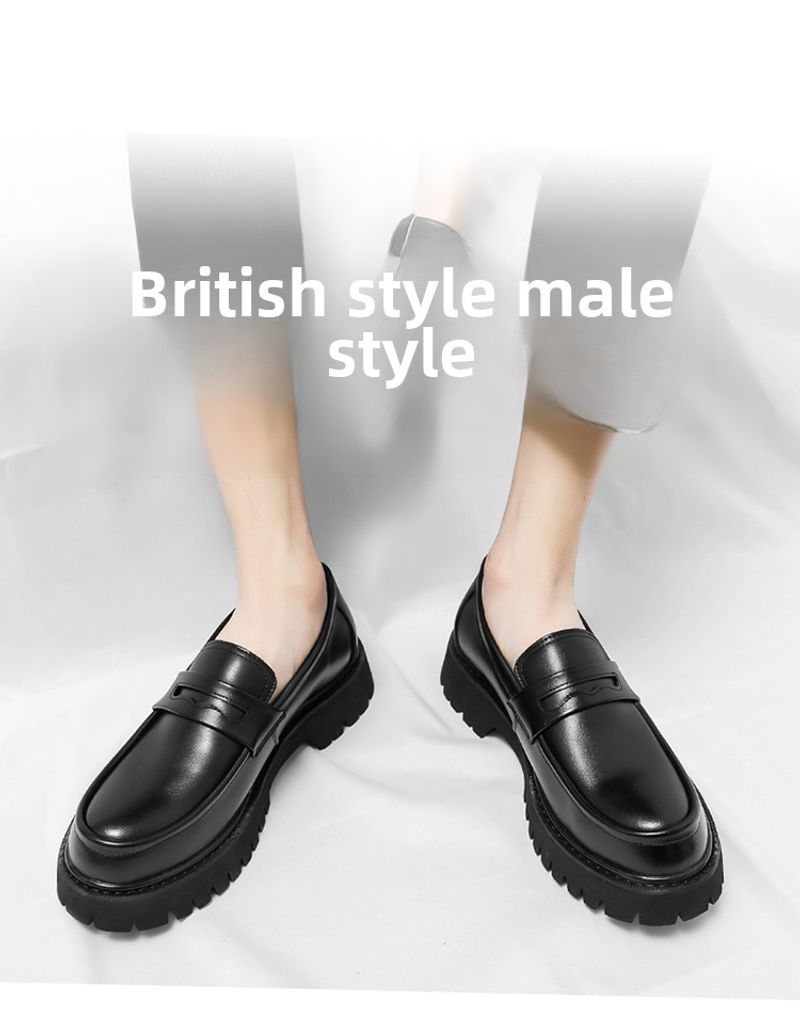 Teenager Slip-on Loafers Spring and Autumn 2022 Thick-soled Heightened Black Fashion Men's Casual Leather Shoes_voghion.com