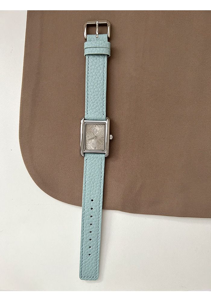 Antike europäische Stil Gold Rechteckige koreanische Version Student Gletscherblau Damen Lederarmbanduhr_voghion.com