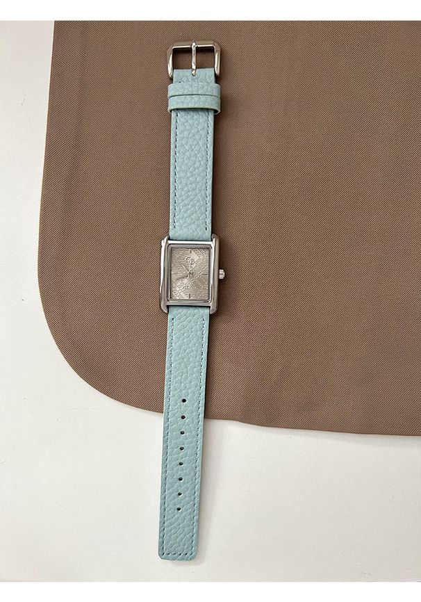 Antike europäische Stil Gold Rechteckige koreanische Version Student Gletscherblau Damen Lederarmbanduhr_voghion.com