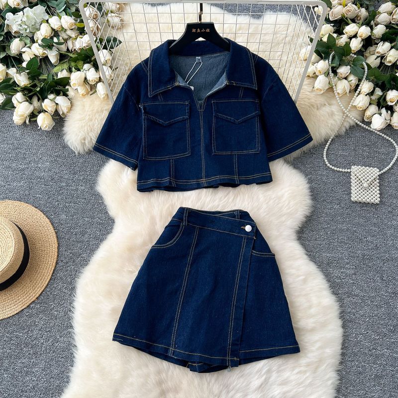 Completo da donna estivo in stile coreano con colletto polo e maniche corte in denim, due pezzi_voghion.com