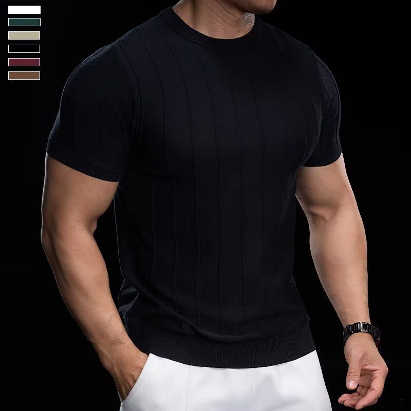 Men's Clothing New Style Half Sleeved Men's Short Sleeved Thin Bottoming Shirt Striped T Shirt_voghion.com