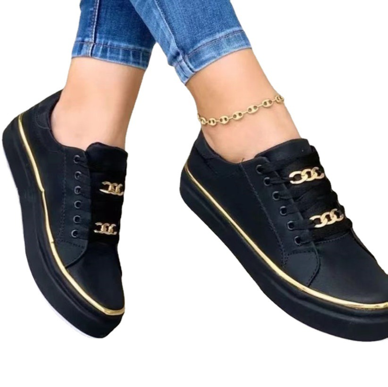 Damen-Loafer mit klobiger Sohle – Lässige Schuhe mit runder Zehenpartie, Kettendetail und Schnürung für den Alltag. Leder-Schnürschuhe vorne._voghion.com