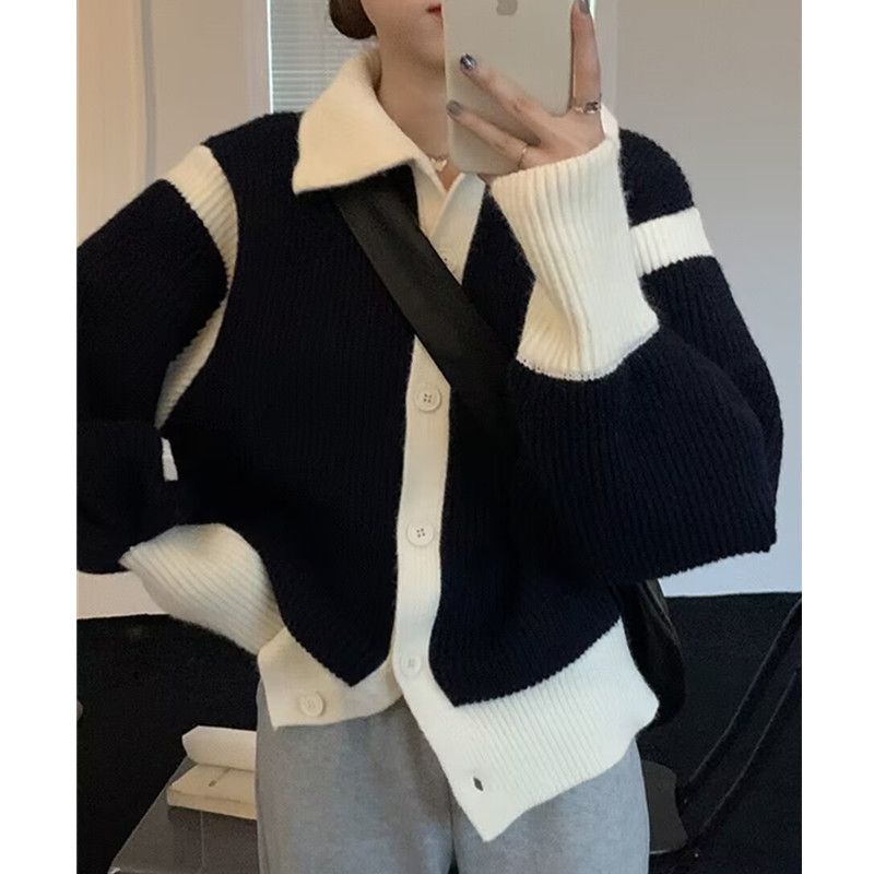 Lazy 2024 Herbst Neuheiten Kontrastfarben Design Pullover Strickjacke Jacke Top Damen Locker gestrickt Stehkragen_voghion.com