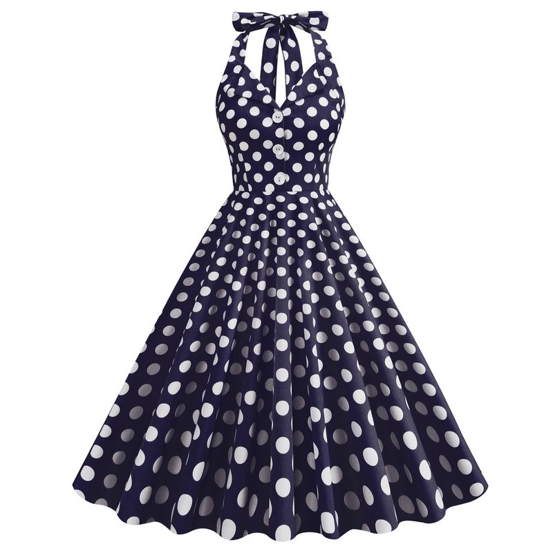 Comercio exterior estilo Hepburn solapa a cuadros cuello halter espalda descubierta sexy vestido largo swing algodón Vintage mujeres_voghion.com