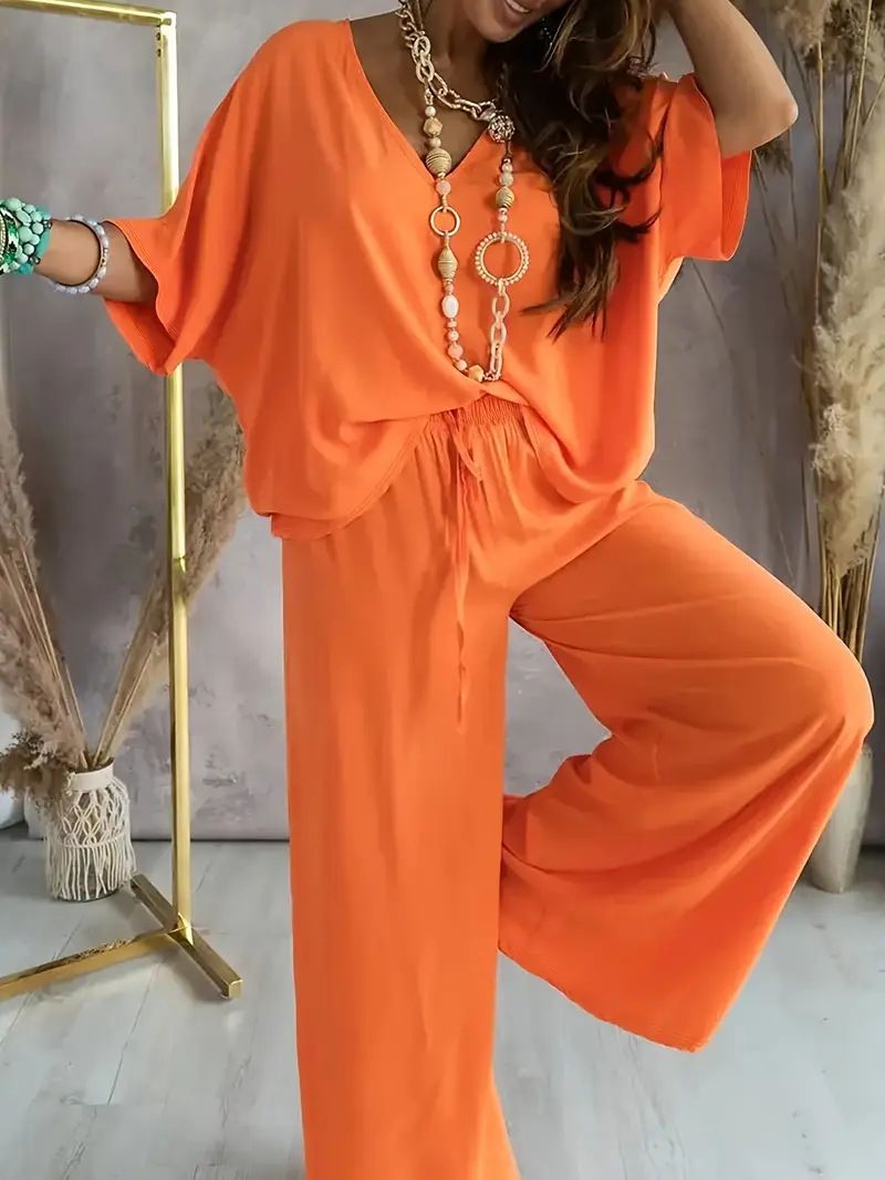 Ensemble deux pièces pour femme, haut à manches chauve-souris et col en V, pantalon décontracté à lacets_voghion.com